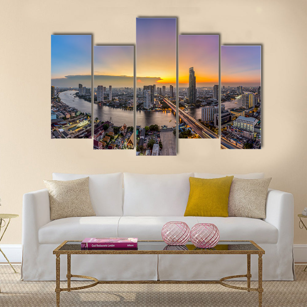 Bangkok Transportation at Dusk with Modern Business Building along the river Thailand Multi panel canvas wall art