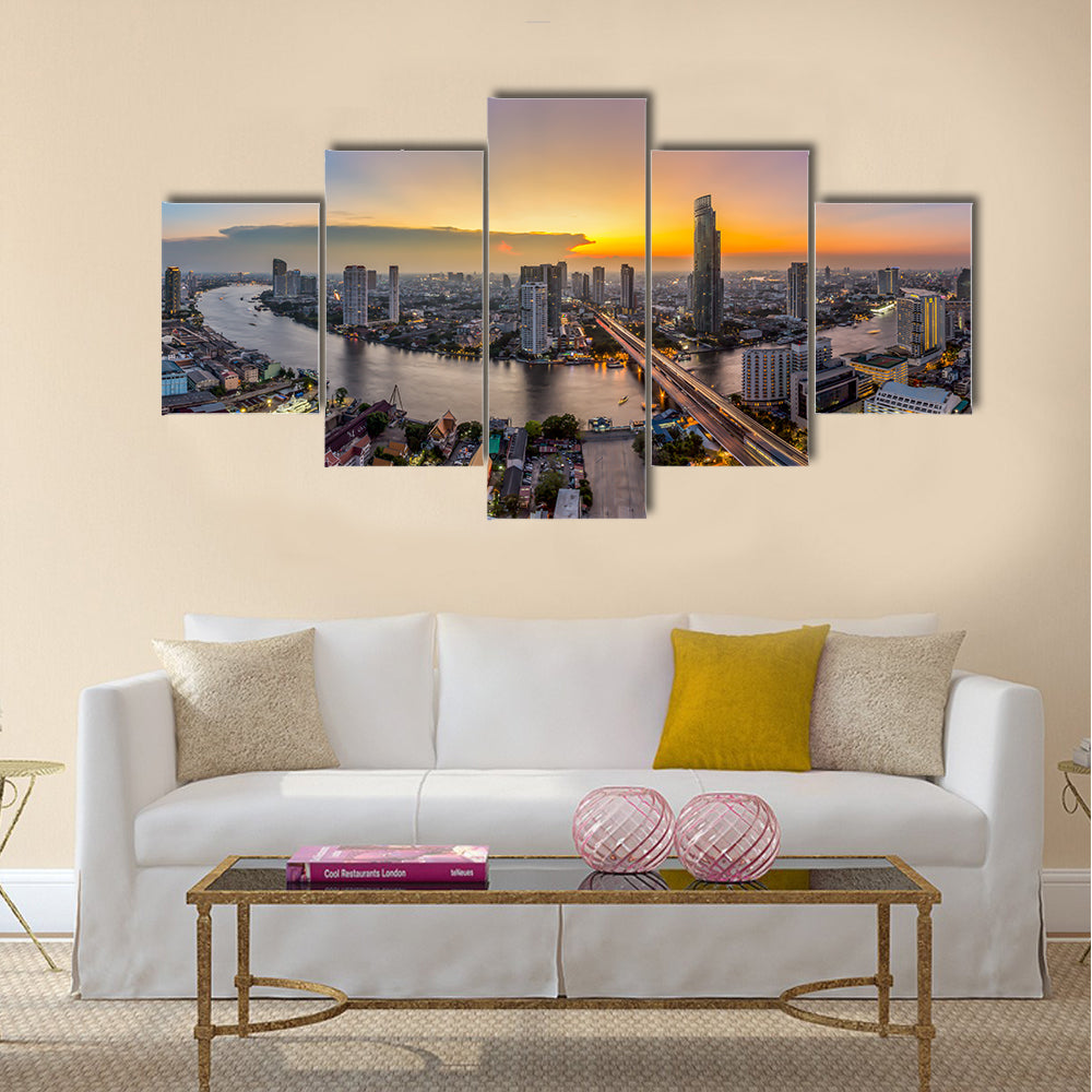 Bangkok Transportation at Dusk with Modern Business Building along the river Thailand Multi panel canvas wall art