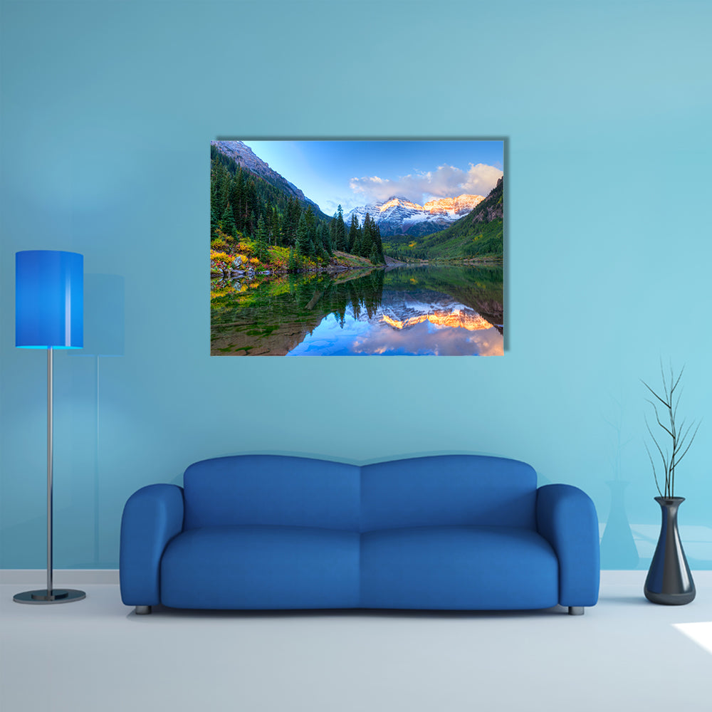 The Reflection Of The Snowcapped Maroon Bells In The fall, Winter Multi Panel Canvas Wall Art
