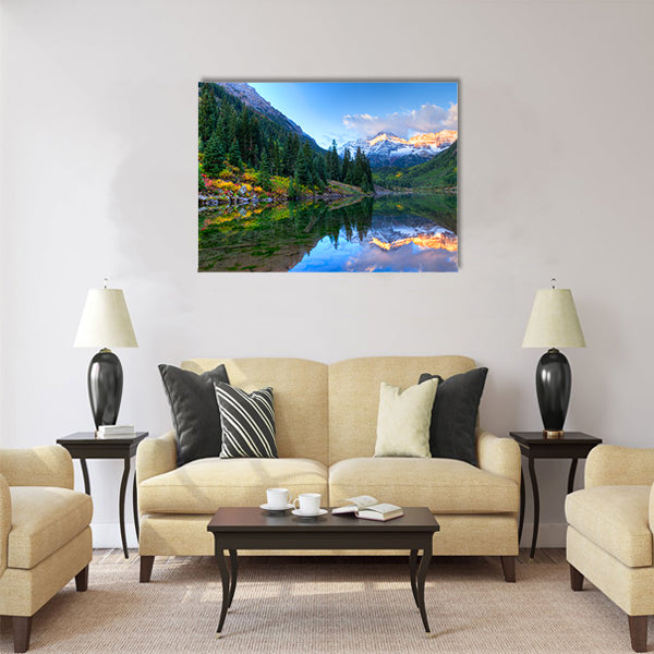 Reflection of Snowcapped Maroon Bells in fall Multi panel canvas wall art