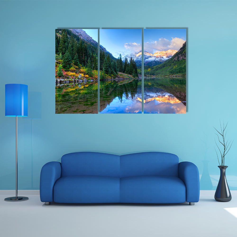 The Reflection Of The Snowcapped Maroon Bells In The fall, Winter Multi Panel Canvas Wall Art