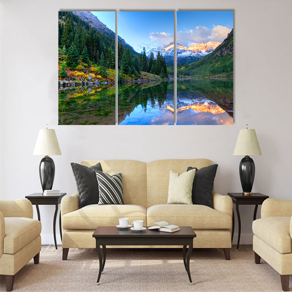 Reflection of Snowcapped Maroon Bells in fall Multi panel canvas wall art