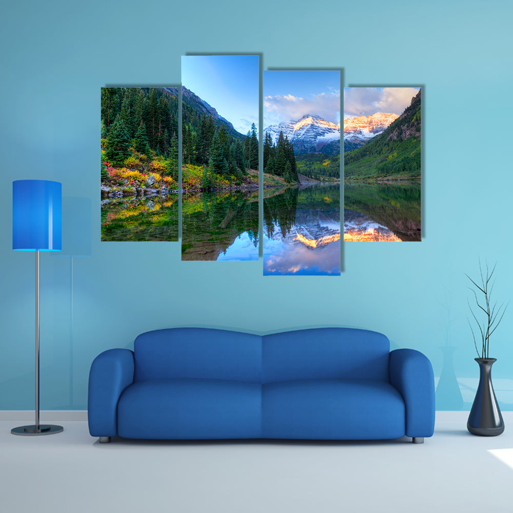 The Reflection Of The Snowcapped Maroon Bells In The fall, Winter Multi Panel Canvas Wall Art