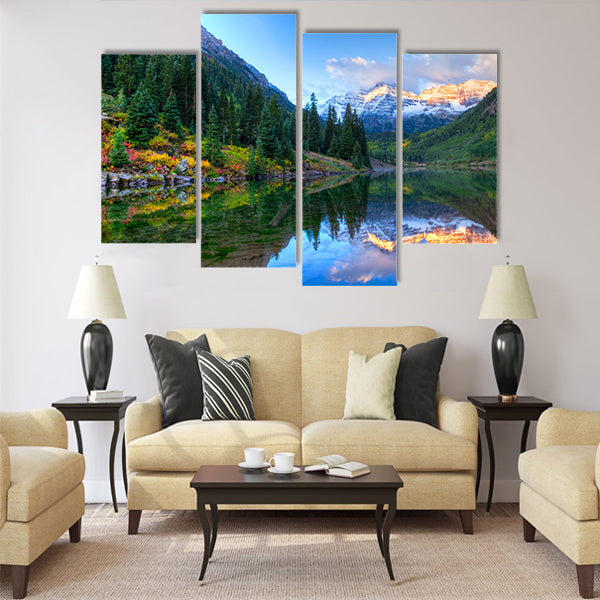 Reflection of Snowcapped Maroon Bells in fall Multi panel canvas wall art