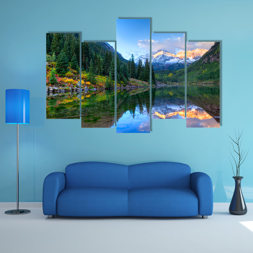 The Reflection Of The Snowcapped Maroon Bells In The fall, Winter Multi Panel Canvas Wall Art