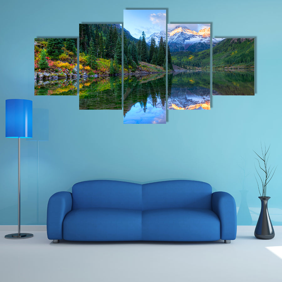 The Reflection Of The Snowcapped Maroon Bells In The fall, Winter Multi Panel Canvas Wall Art