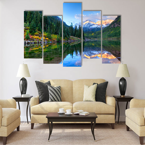 Reflection of Snowcapped Maroon Bells in fall Multi panel canvas wall art