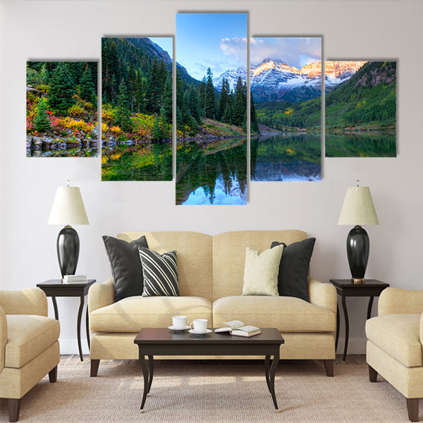 Reflection of Snowcapped Maroon Bells in fall Multi panel canvas wall art