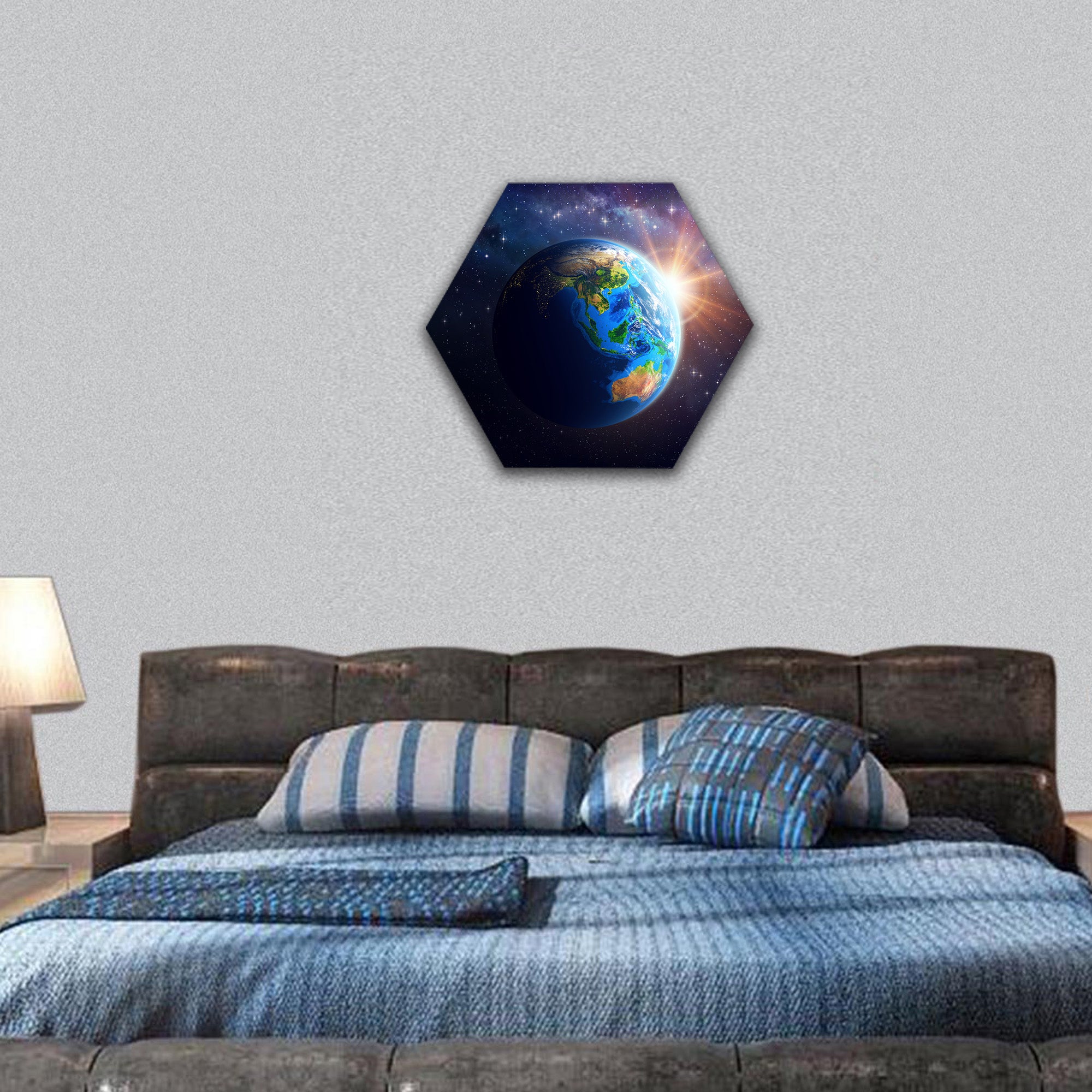 Illuminated face of the Earth in space ,furnished by NASA hexagonal canvas wall art