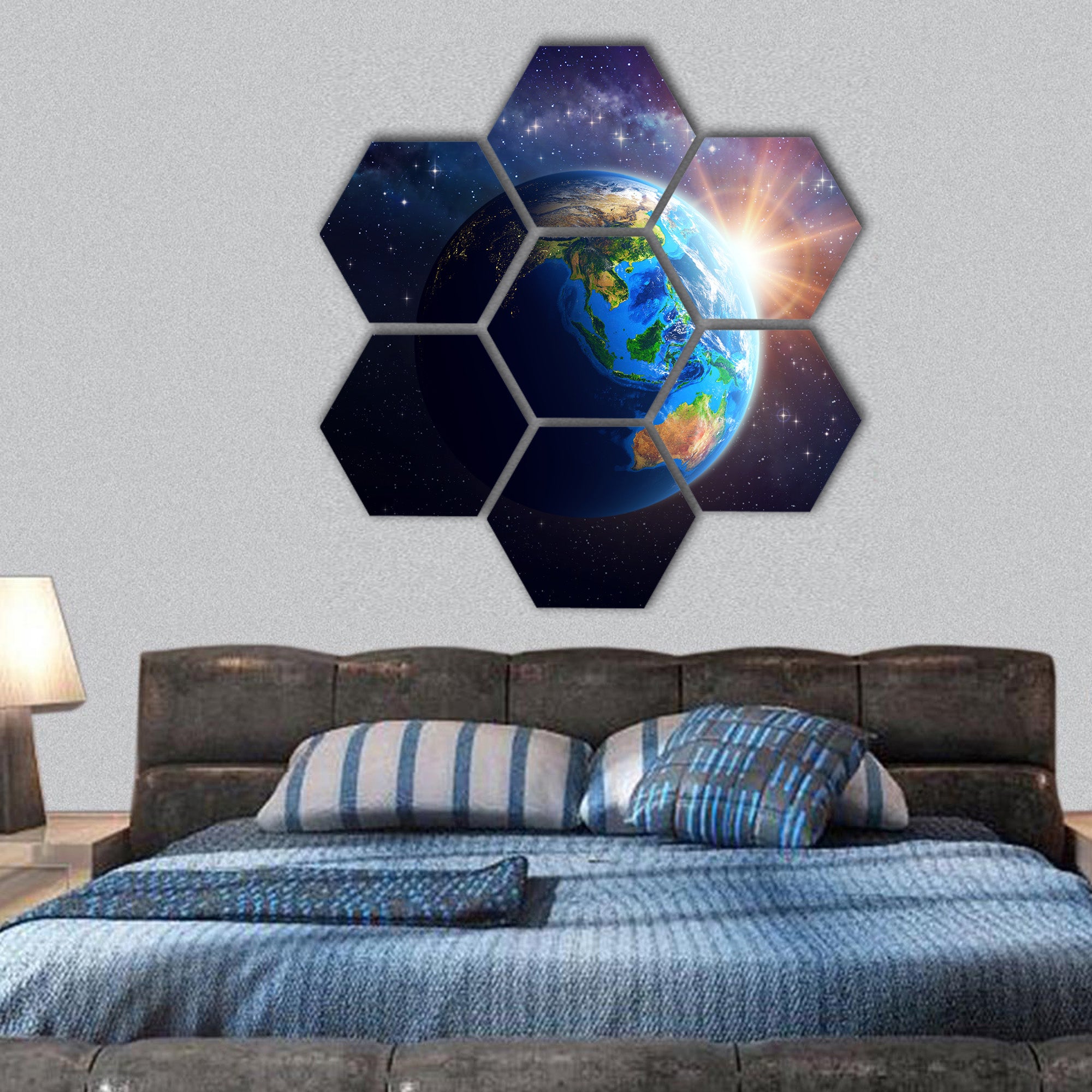 Illuminated face of the Earth in space ,furnished by NASA hexagonal canvas wall art