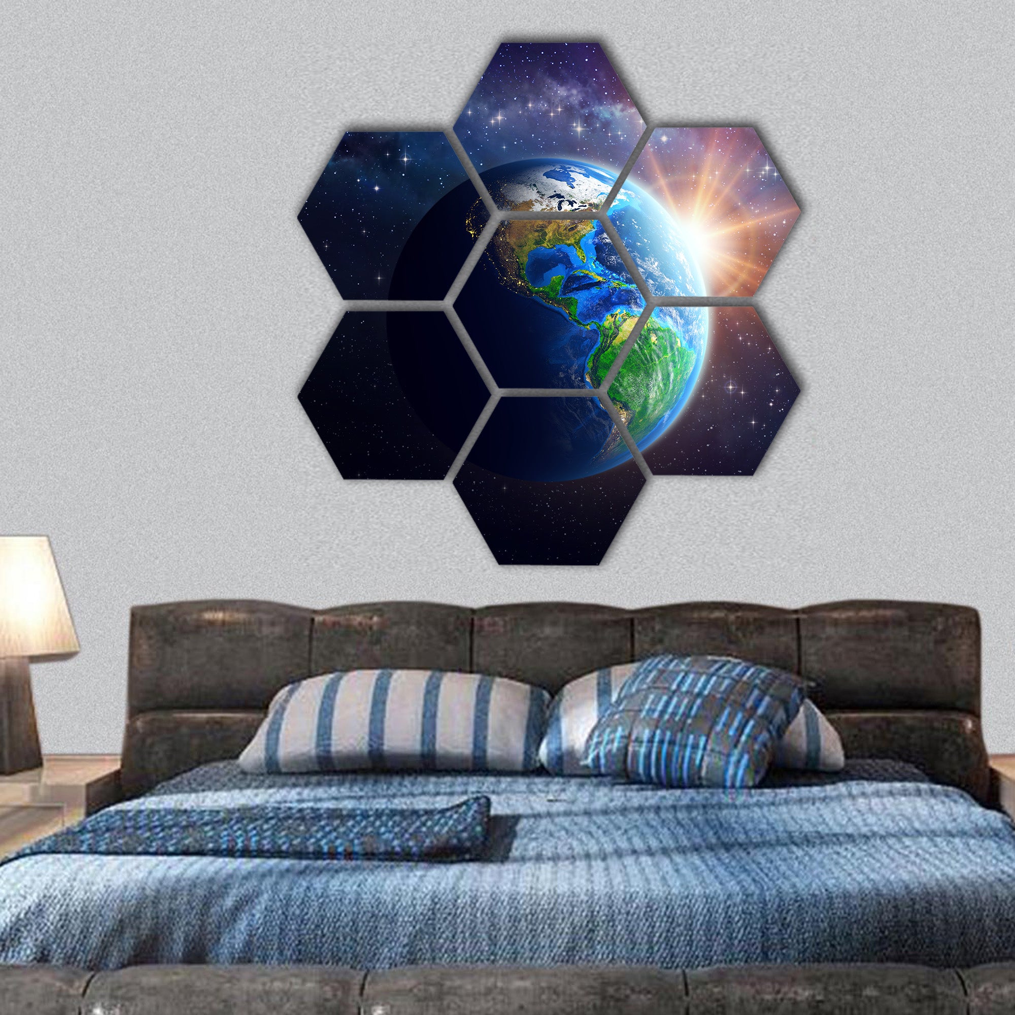 Illuminated face of Earth in space image furnished by NASA hexagonal canvas wall art