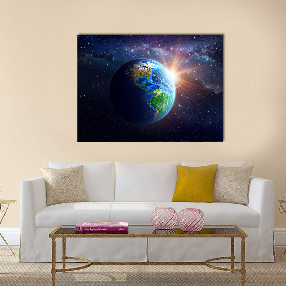 Illuminated face of the Earth in space furnished by NASA Multi Panel Canvas Wall Art