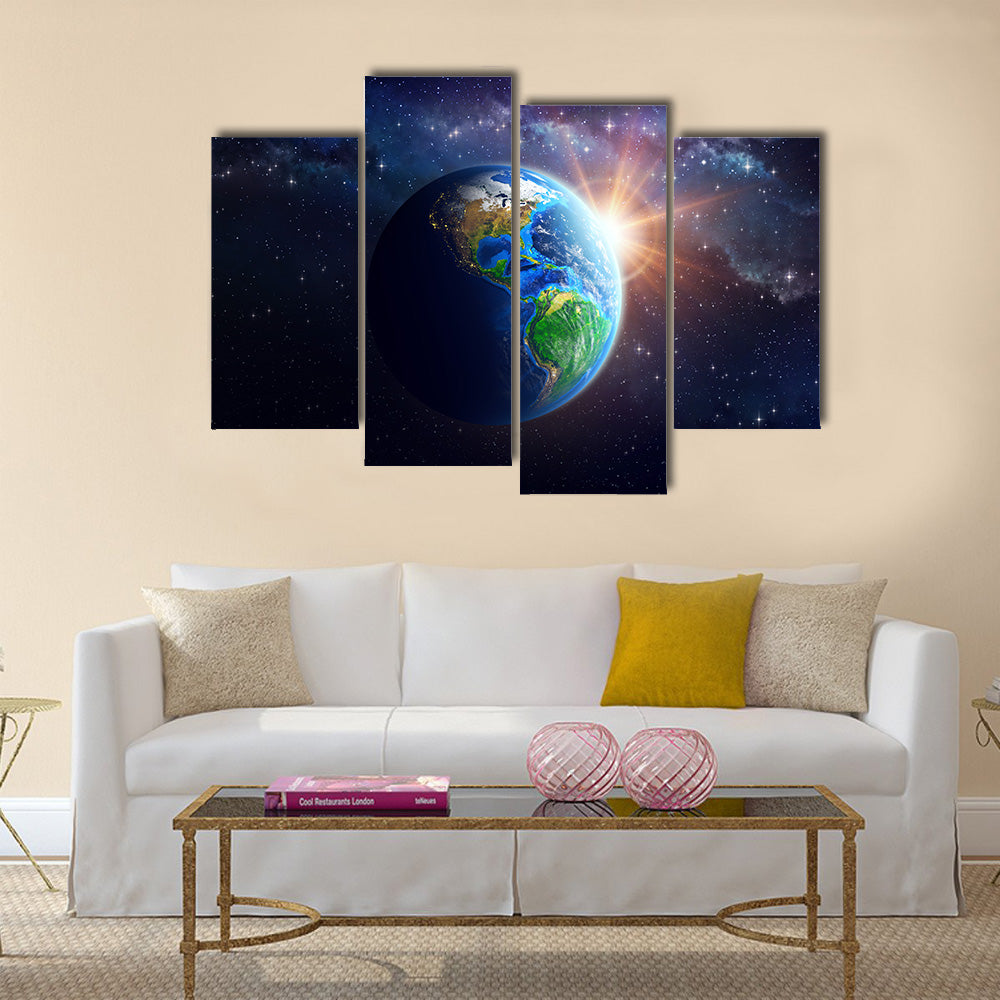 Illuminated face of the Earth in space furnished by NASA Multi Panel Canvas Wall Art