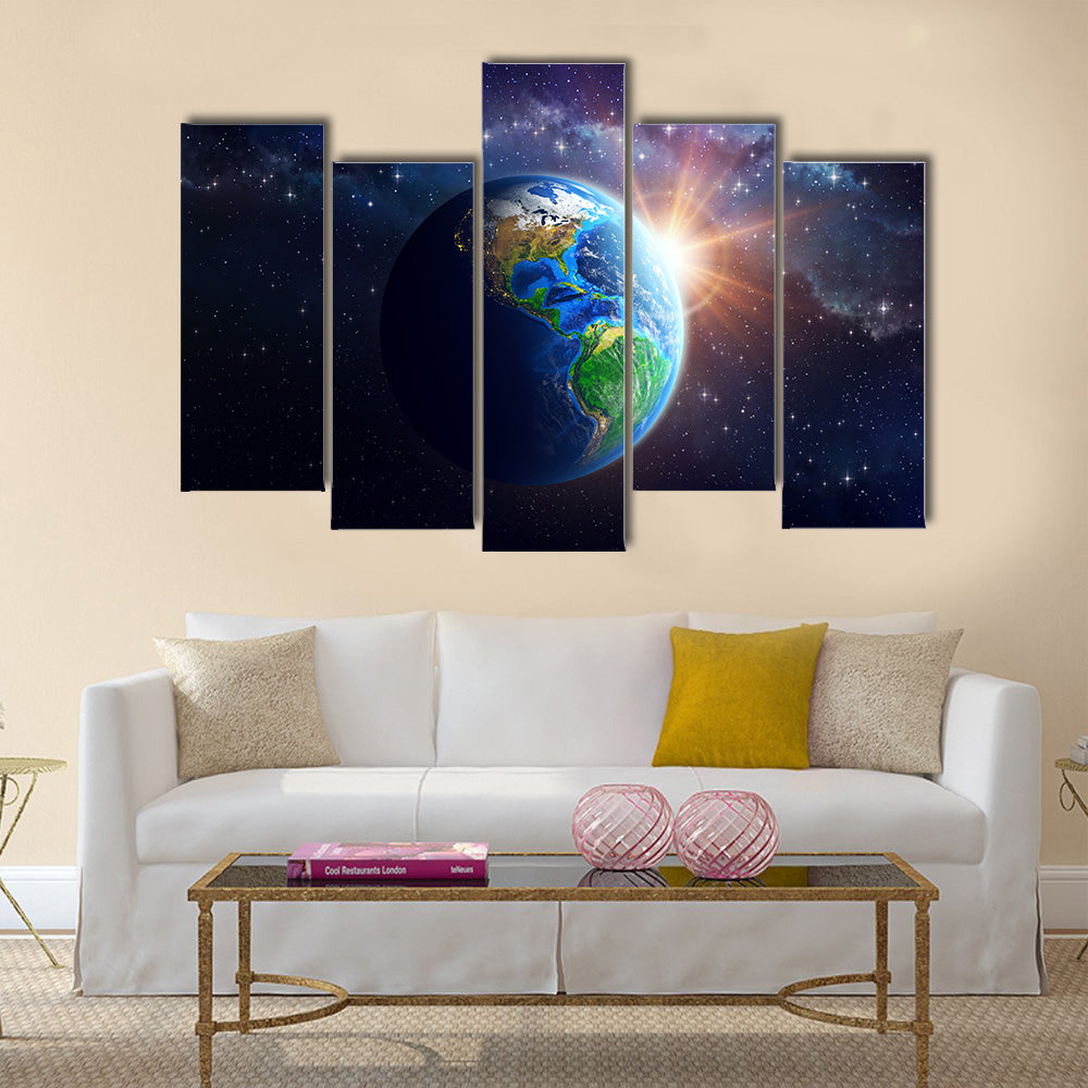 Illuminated face of the Earth in space furnished by NASA Multi Panel Canvas Wall Art