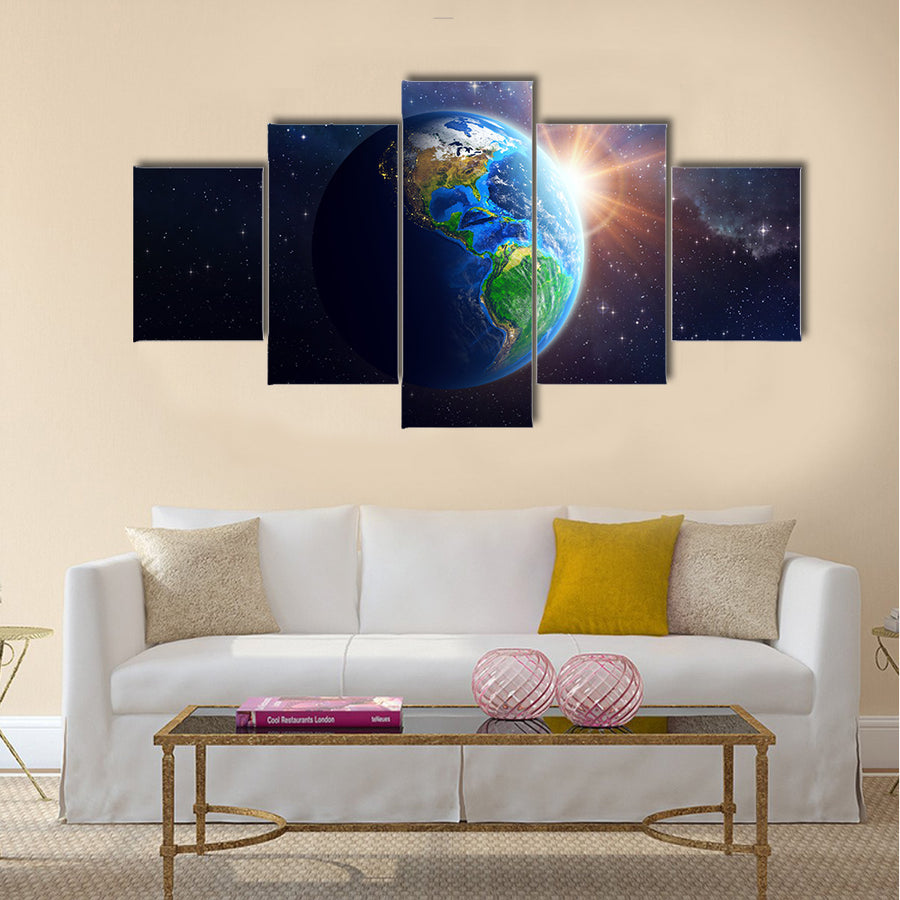 Illuminated face of the Earth in space furnished by NASA Multi Panel Canvas Wall Art