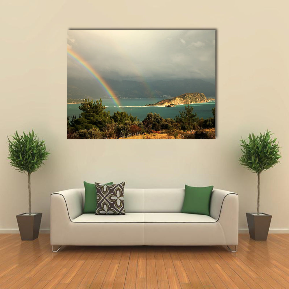 A Rainbow Above A Bay In The Montenegro, After Storm Over The Hills Of Budva, Multi Panel Canvas Wall Art
