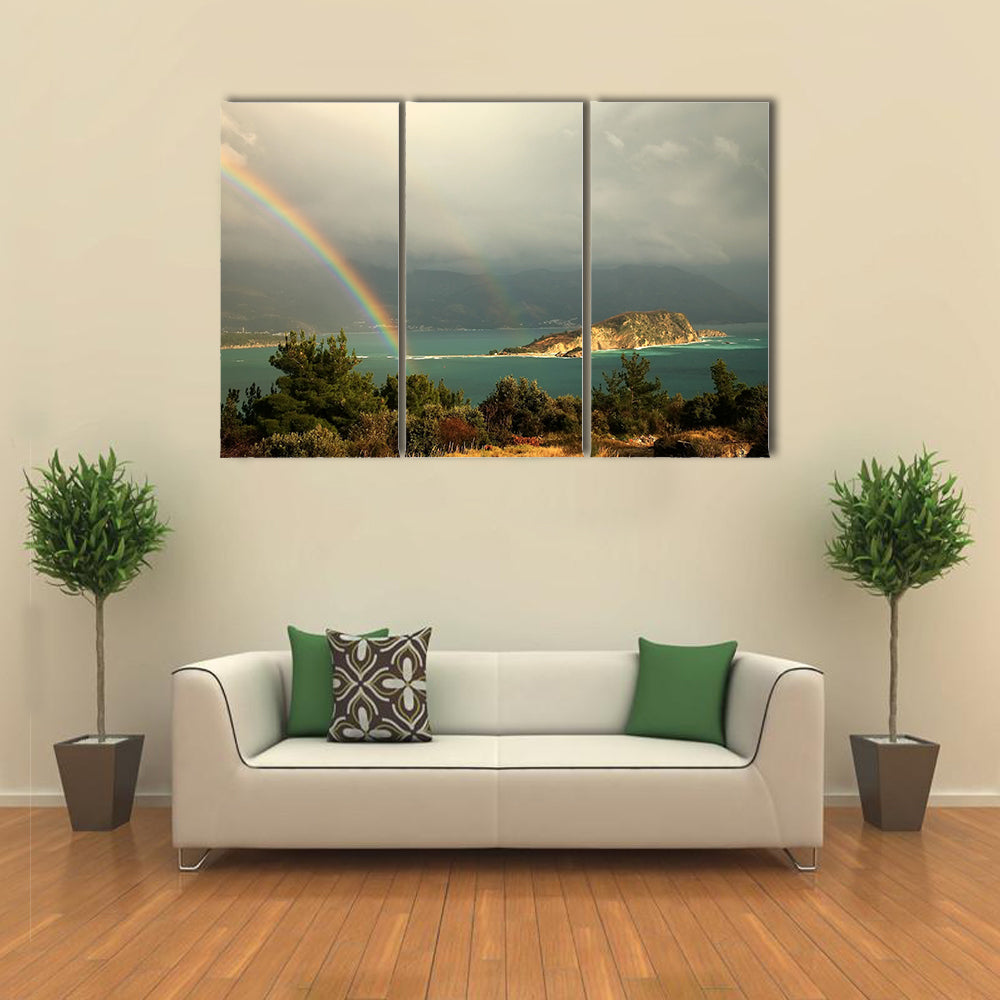 A Rainbow Above A Bay In The Montenegro, After Storm Over The Hills Of Budva, Multi Panel Canvas Wall Art