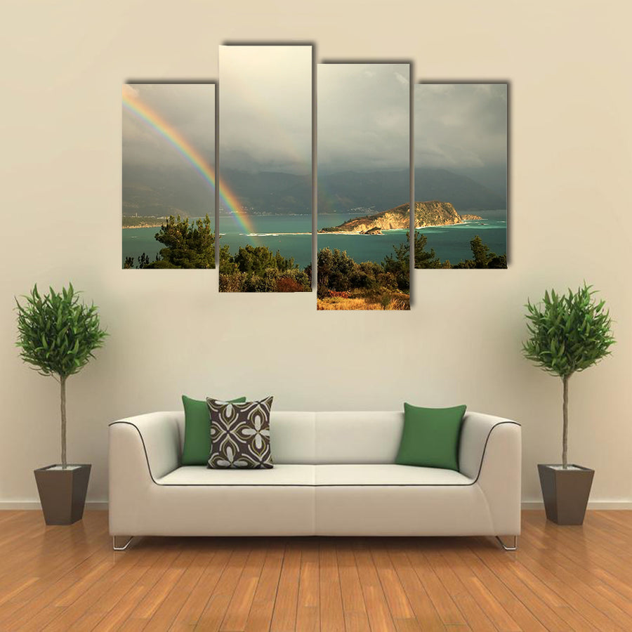 A Rainbow Above A Bay In The Montenegro, After Storm Over The Hills Of Budva, Multi Panel Canvas Wall Art