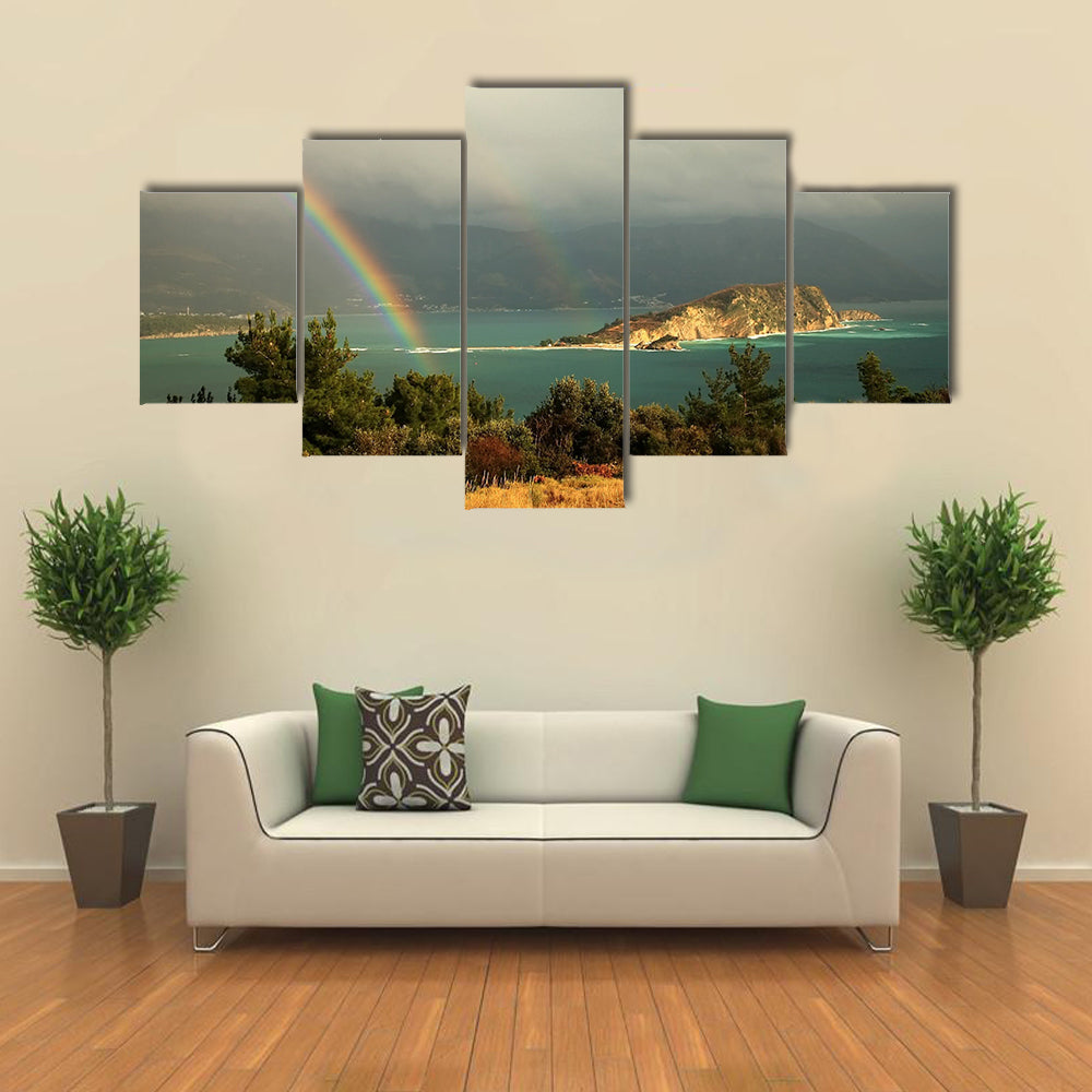 A Rainbow Above A Bay In The Montenegro, After Storm Over The Hills Of Budva, Multi Panel Canvas Wall Art