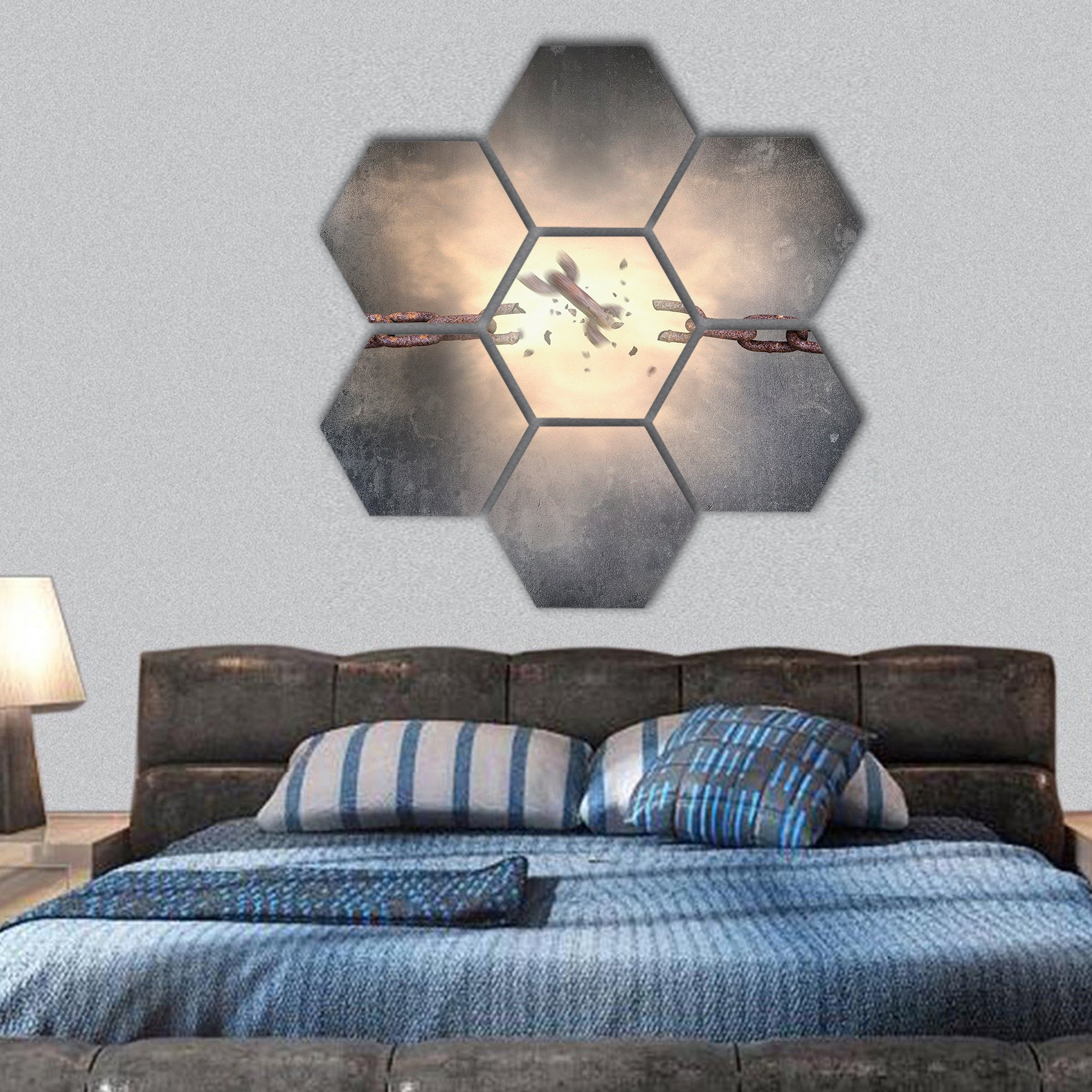 Rusty iron chains broken with red bright spark light hexagonal canvas wall art