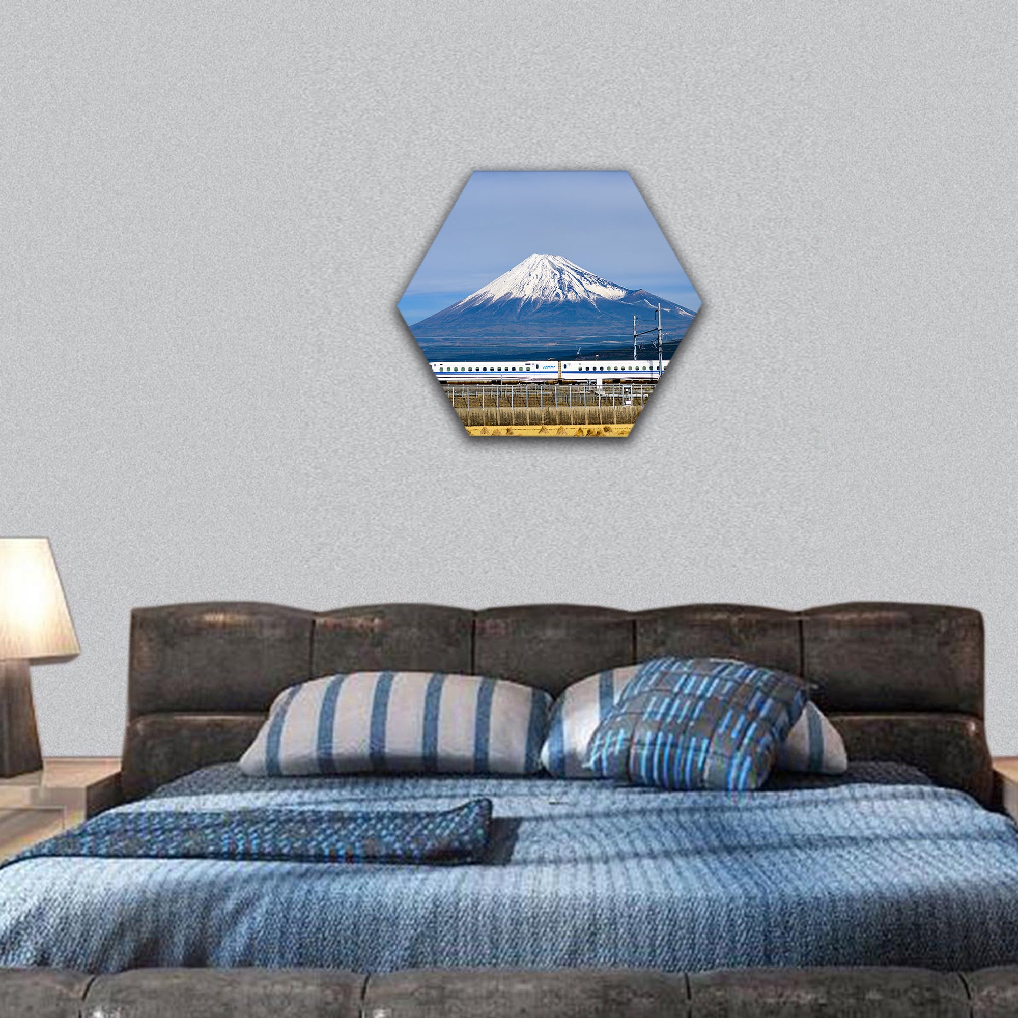 Shinkansen bullet train passes below Mt. Fuji in Japan hexagonal canvas wall art