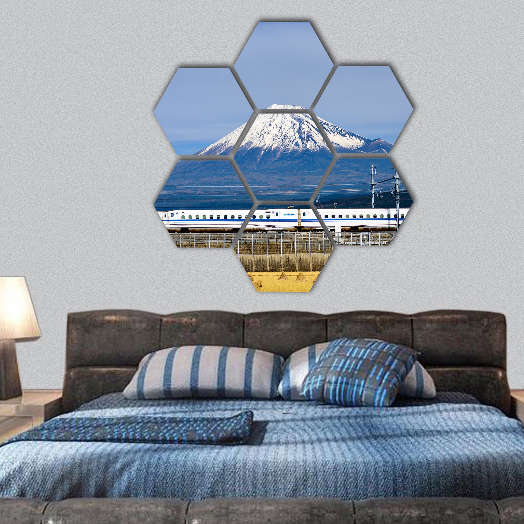 Shinkansen bullet train passes below Mt. Fuji in Japan hexagonal canvas wall art