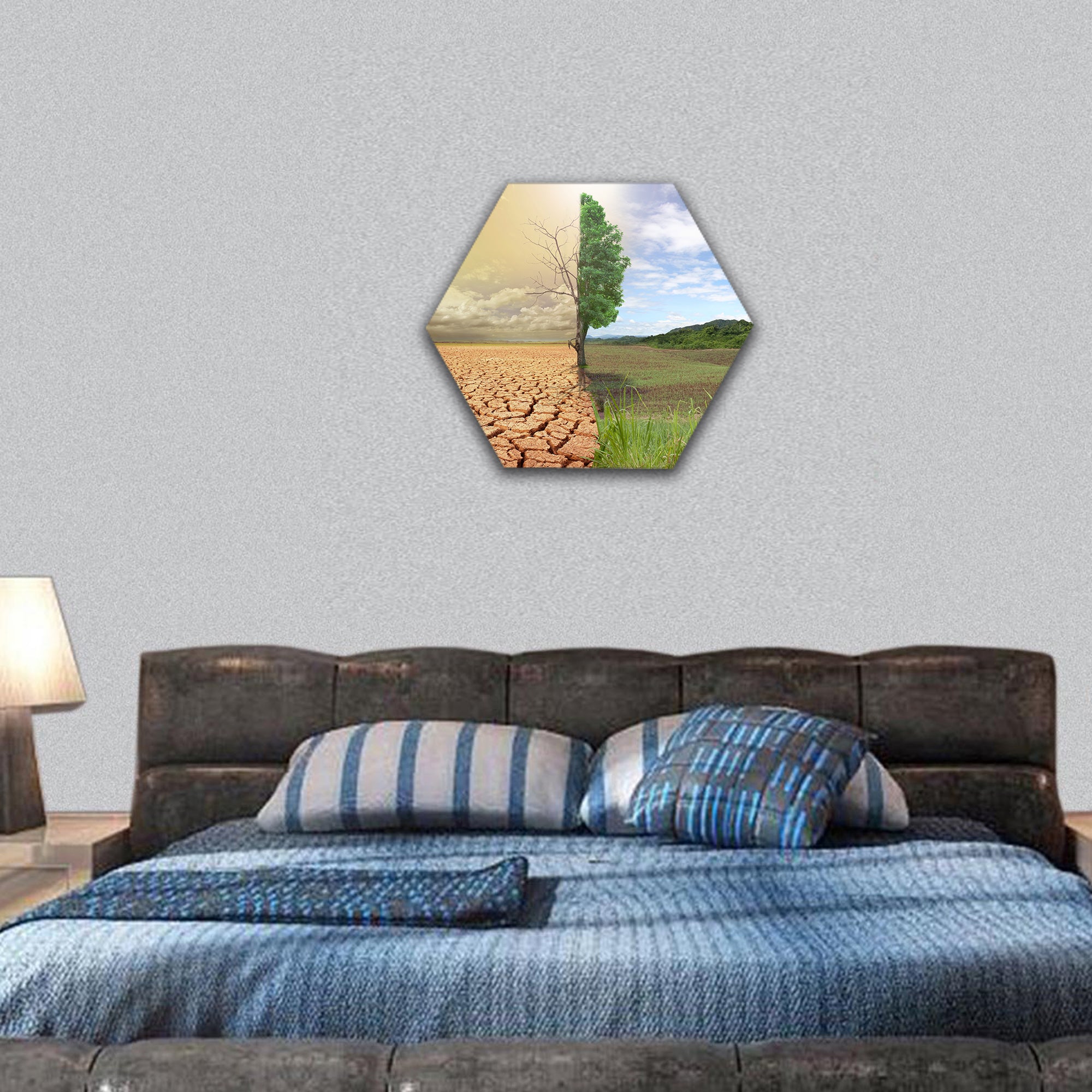creative concept image compare of global warming hexagonal canvas wall art