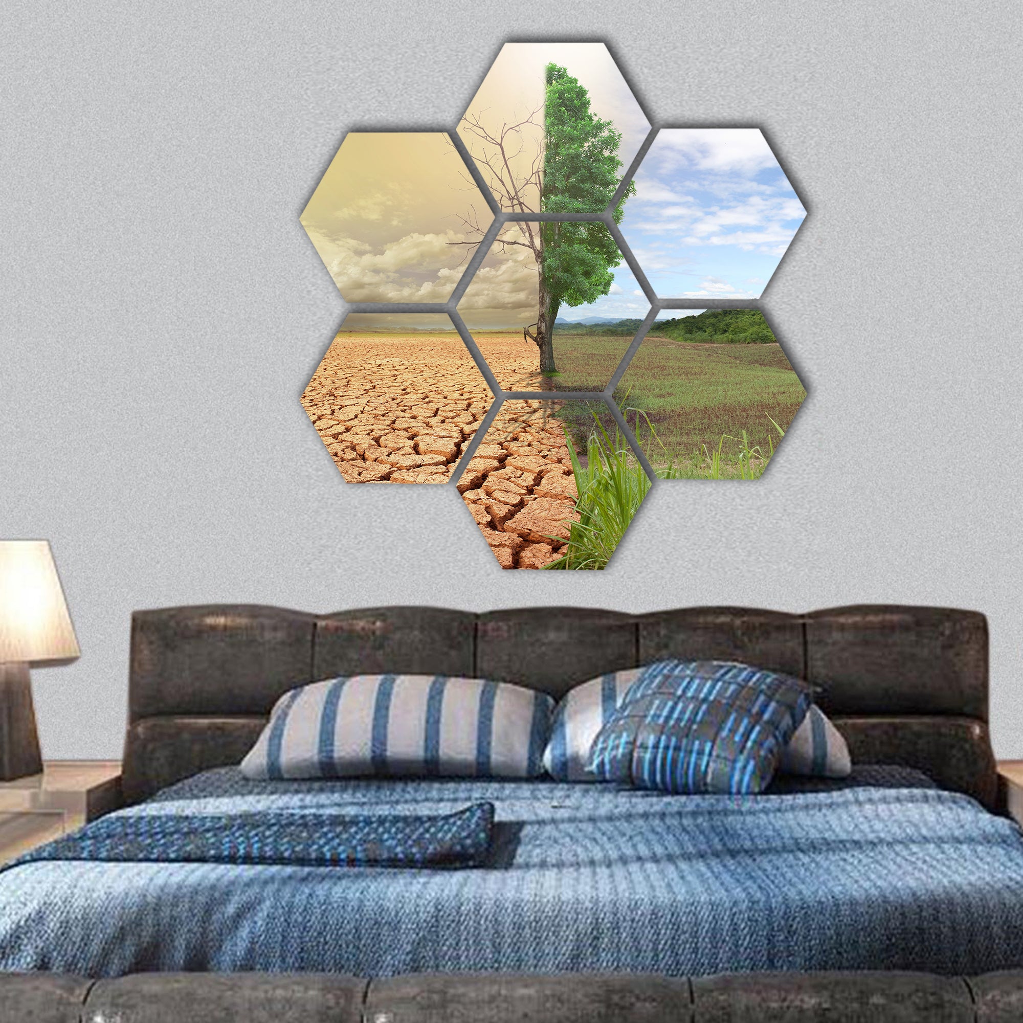 creative concept image compare of global warming hexagonal canvas wall art