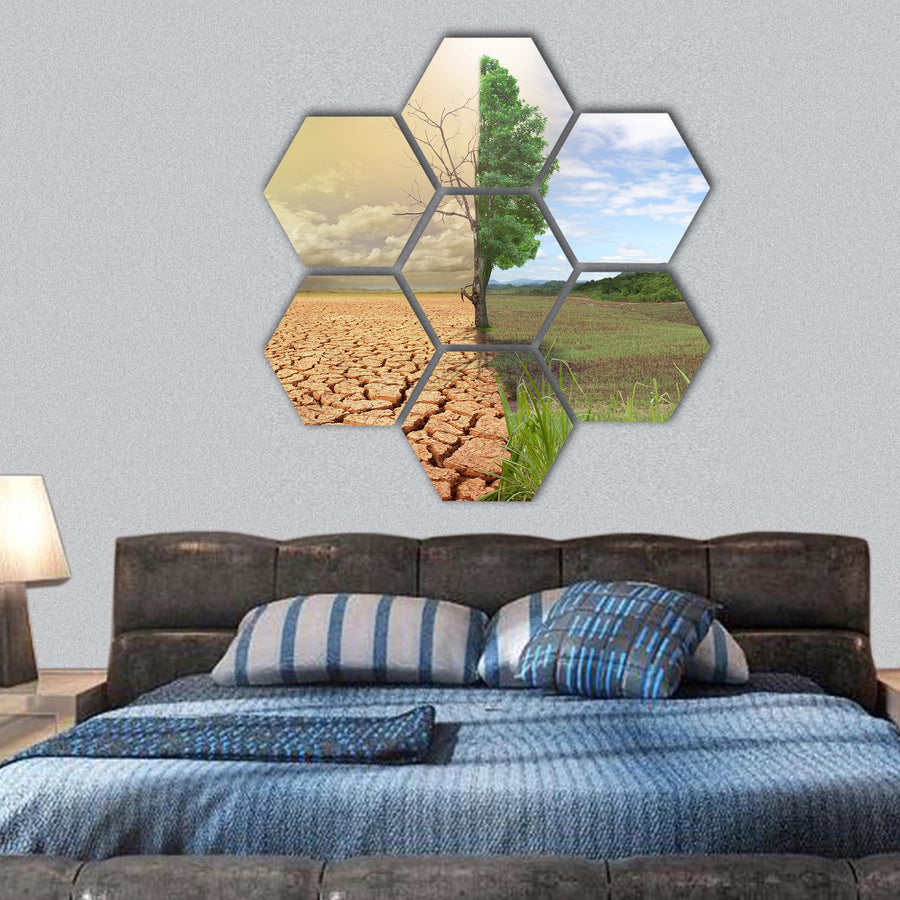 creative concept image compare of global warming hexagonal canvas wall art