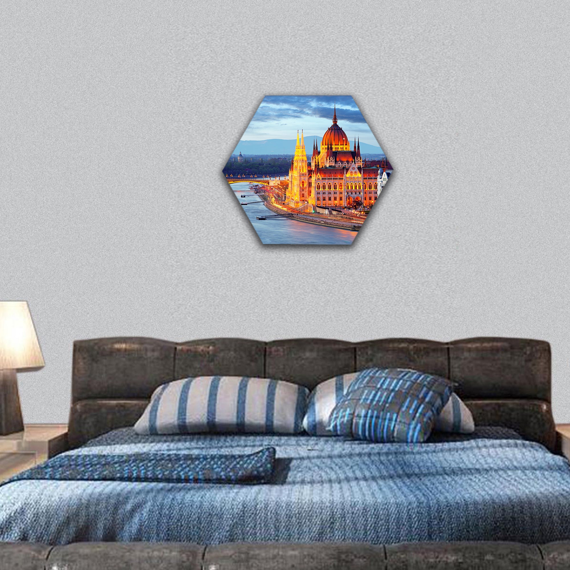 Budapest, Hungary parliament at night hexagonal canvas wall art