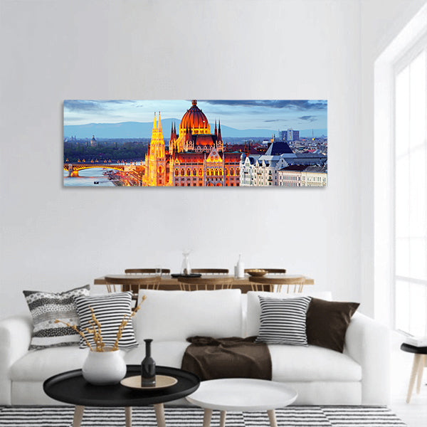 Budapest, Hungary parliament at night panoramic canvas wall art