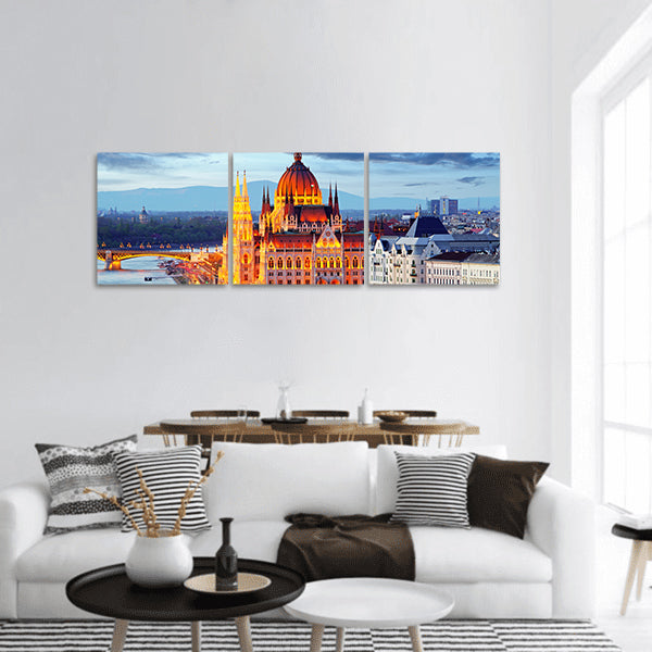 Budapest, Hungary parliament at night panoramic canvas wall art