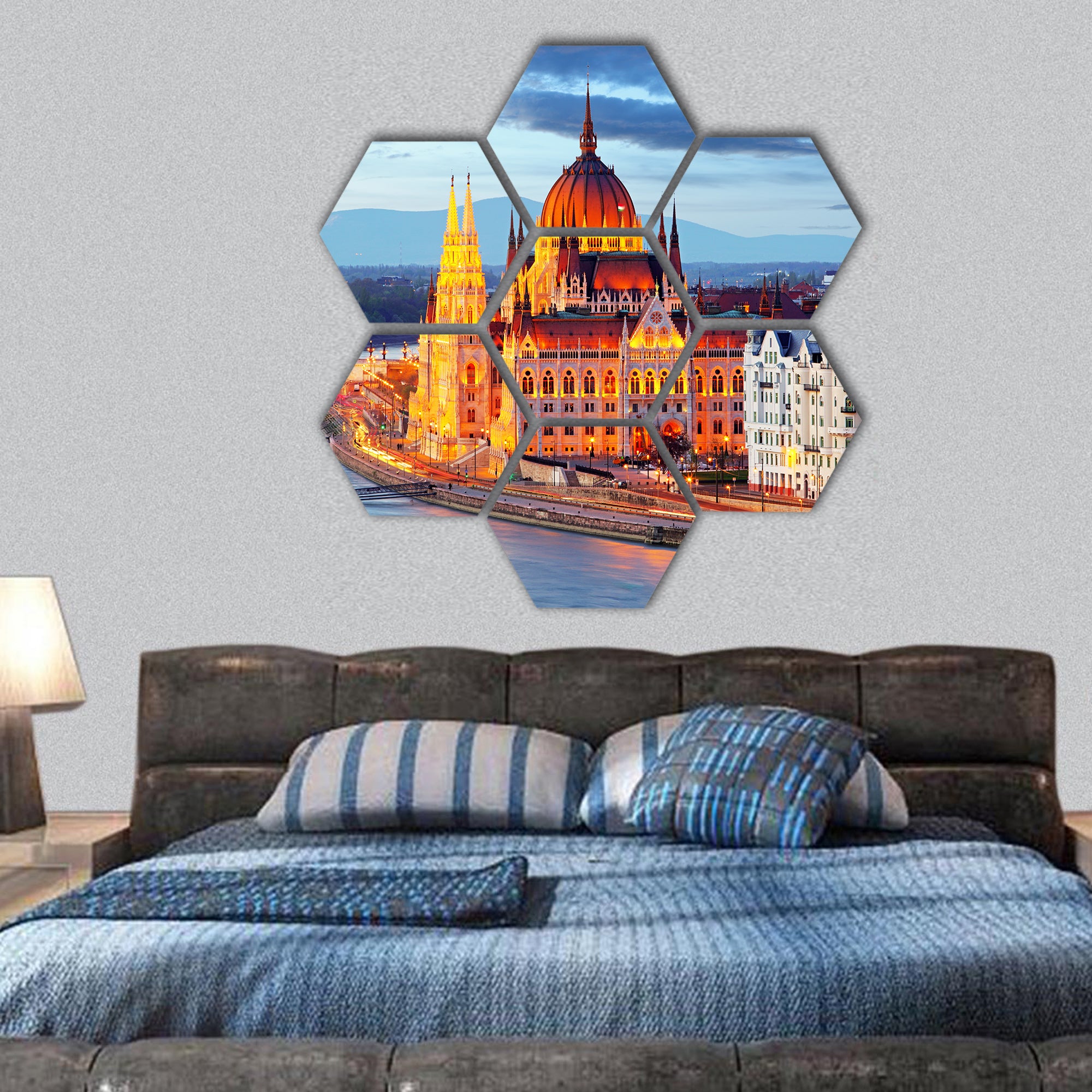 Budapest, Hungary parliament at night hexagonal canvas wall art
