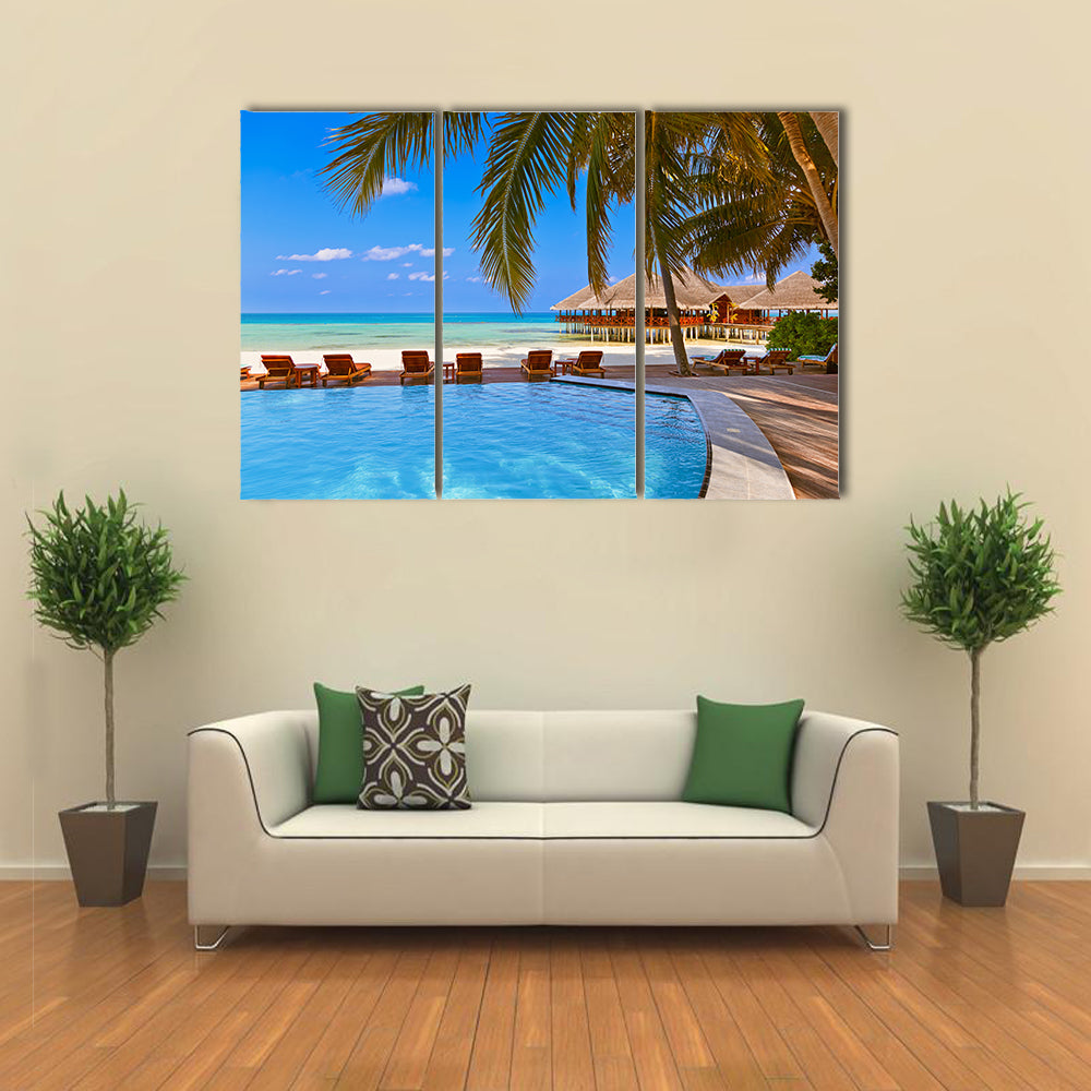 The Beauty Of A Pool And Cafe On The Maldives Beach, Multi Panel Canvas Wall Art