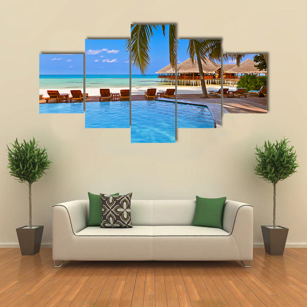The Beauty Of A Pool And Cafe On The Maldives Beach, Multi Panel Canvas Wall Art