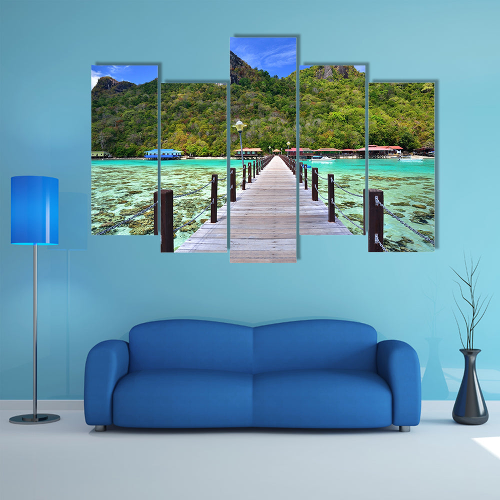 A Long wooden pier heading toward Bohey Dulang Island, Malaysia Multi Panel Canvas Wall Art
