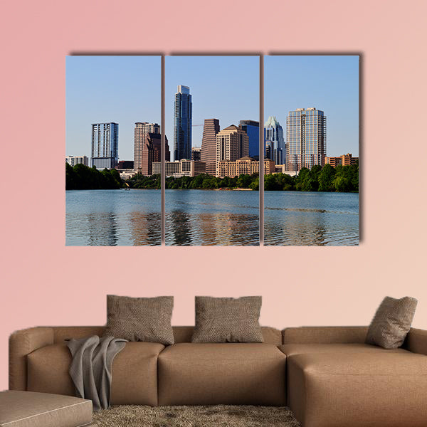 Austin Skyline in Austin Texas from the riverbank Multi panel canvas wall art