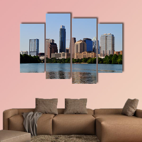 Austin Skyline in Austin Texas from the riverbank Multi panel canvas wall art