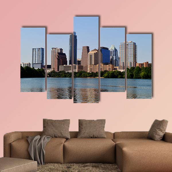 Austin Skyline in Austin Texas from the riverbank Multi panel canvas wall art