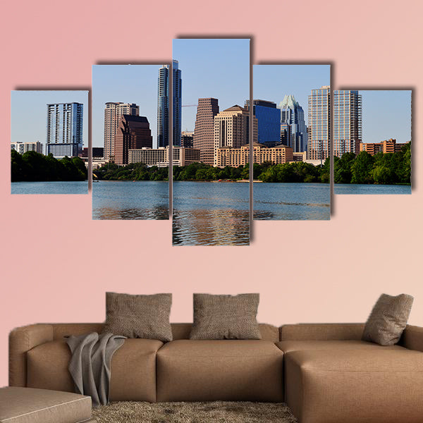 Austin Skyline in Austin Texas from the riverbank Multi panel canvas wall art