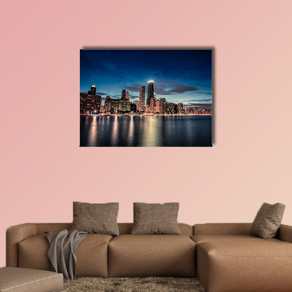 Chicago Downtown skyscrapers with reflections in Lake Michigan canvas wall art
