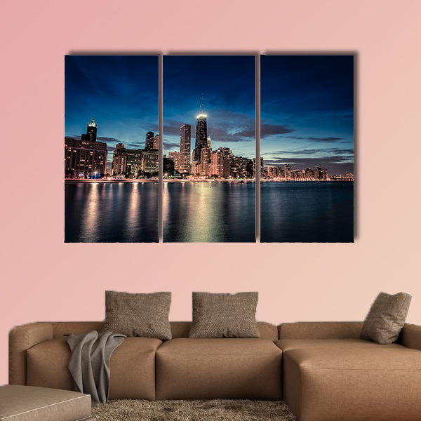 Chicago Downtown skyscrapers with reflections in Lake Michigan canvas wall art