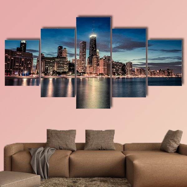 Chicago Downtown skyscrapers with reflections in Lake Michigan canvas wall art