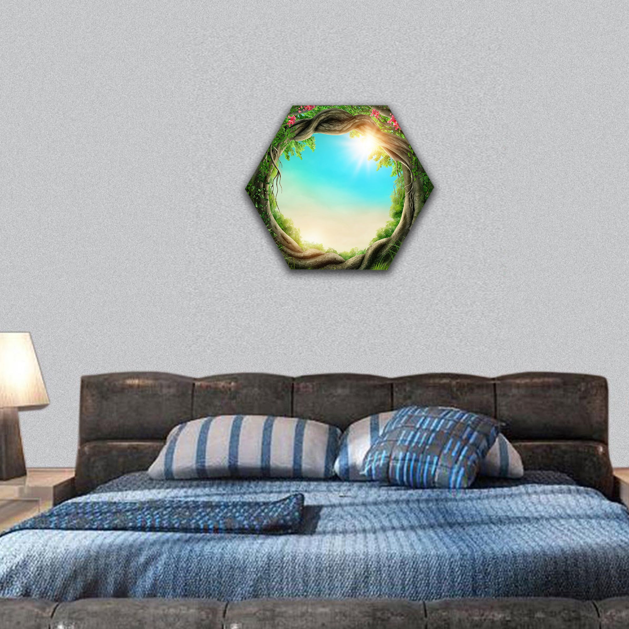 Enchanted dark forest at the spring hexagonal canvas wall art