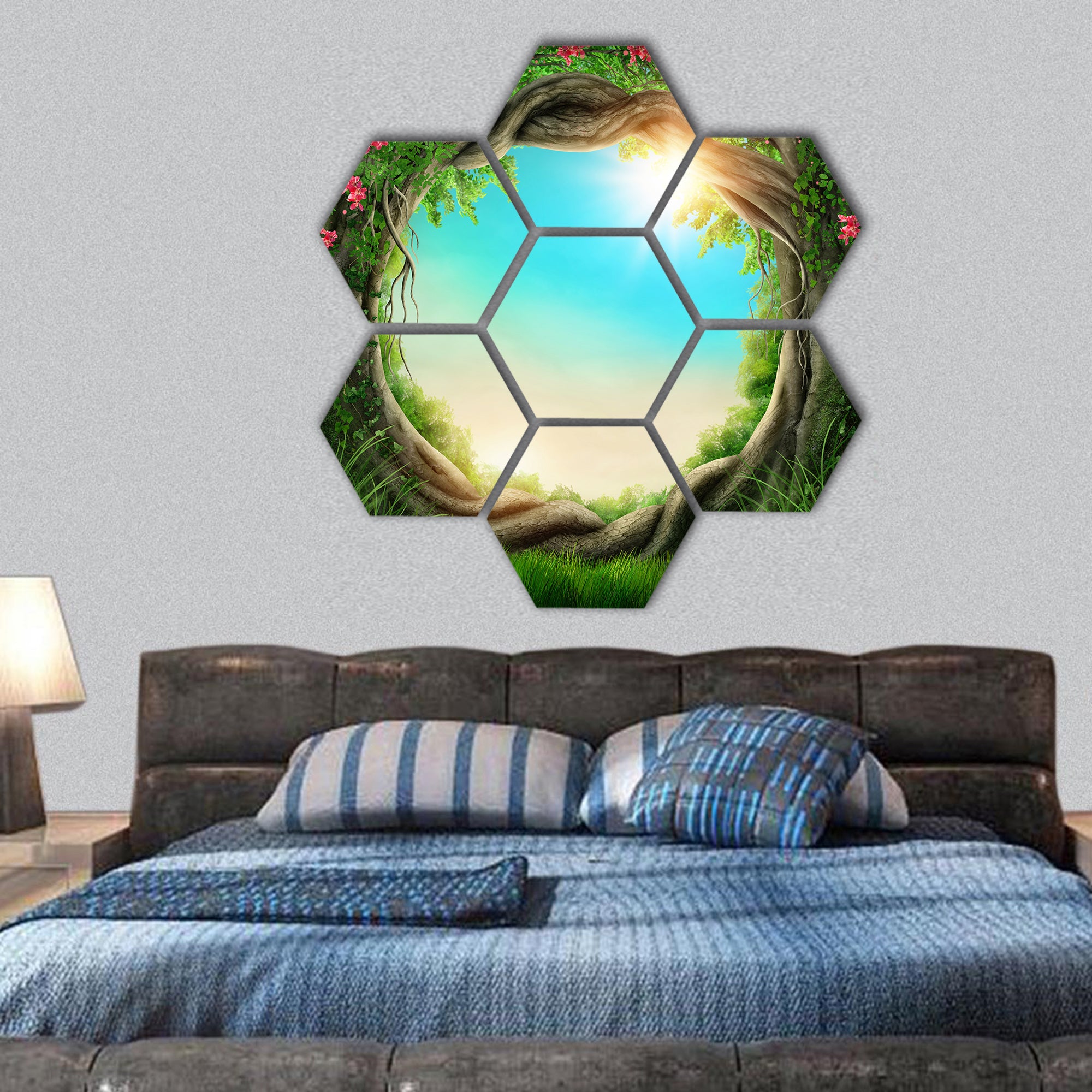 Enchanted dark forest at the spring hexagonal canvas wall art