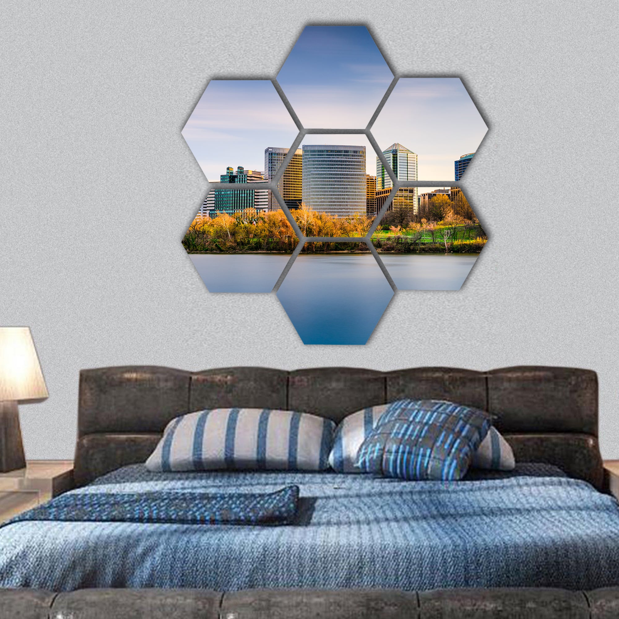 USA city skyline on the Potomac River Rosslyn hexagonal canvas wall art