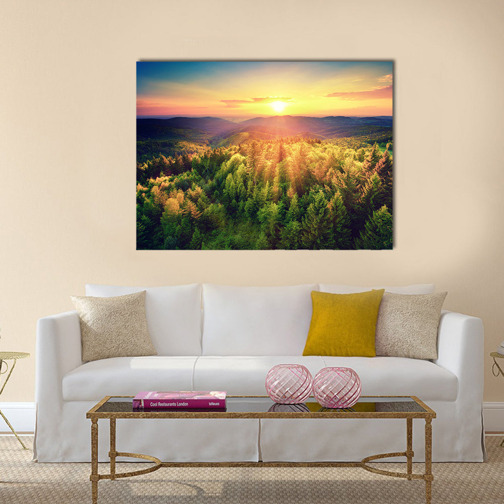 Bird's-eye view of a scenic sunset over the forest hills, multi panel canvas wall art