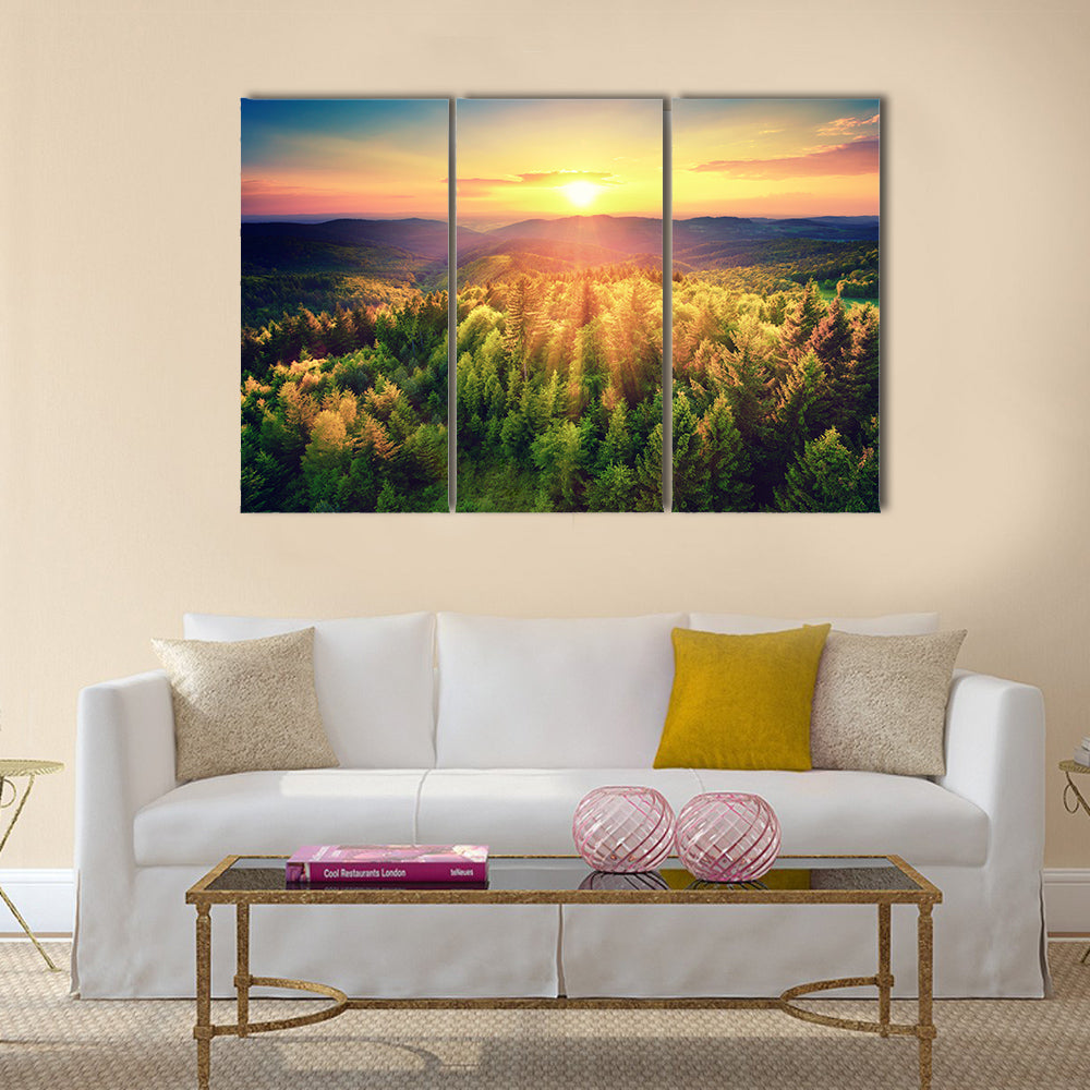Bird's-eye view of a scenic sunset over the forest hills, multi panel canvas wall art