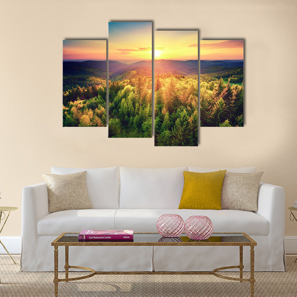 Bird's-eye view of a scenic sunset over the forest hills, multi panel canvas wall art