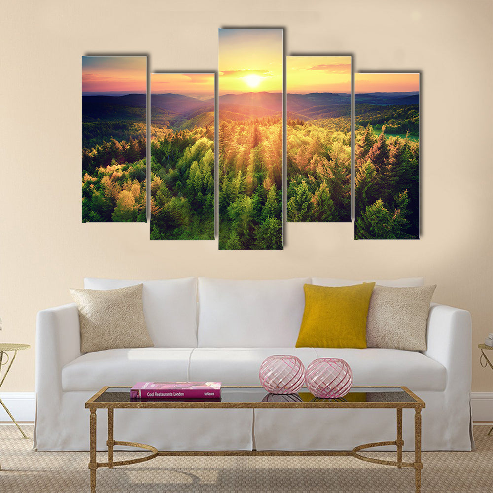 Bird's-eye view of a scenic sunset over the forest hills, multi panel canvas wall art